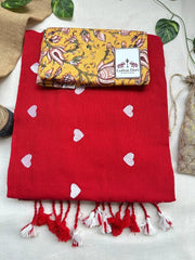 sunset red cotton handloom saree with beautiful printed blouse - Cotton Dori
