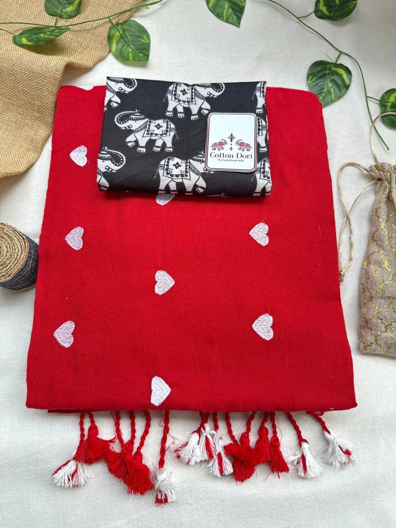 Rose red cotton handloom saree with black elephant printed blouse - Cotton Dori