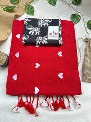 Rose red cotton handloom saree with black elephant printed blouse - Cotton Dori