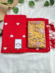 sunset red cotton handloom saree with beautiful printed blouse - Cotton Dori