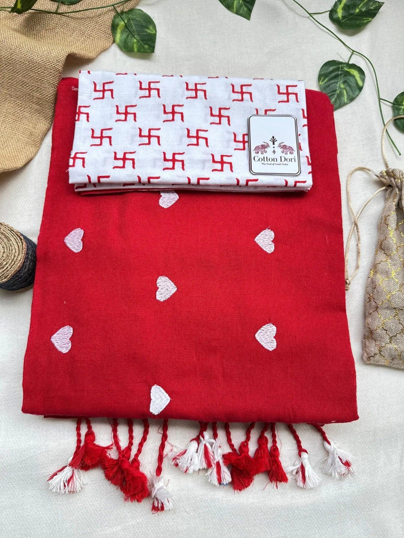 Beautiful cotton handloom saree with white printed blouse - Cotton Dori