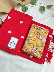 sunset red cotton handloom saree with beautiful printed blouse - Cotton Dori