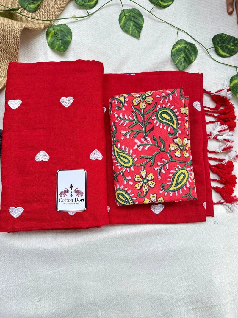 candy red cotton embroidered handloom saree with red floral printed blouse - Cotton Dori