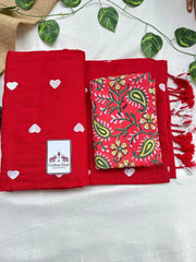 candy red cotton embroidered handloom saree with red floral printed blouse - Cotton Dori