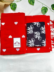 Rose red cotton handloom saree with black elephant printed blouse - Cotton Dori