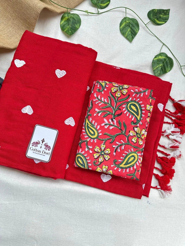 candy red cotton embroidered handloom saree with red floral printed blouse - Cotton Dori