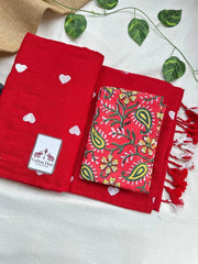 candy red cotton embroidered handloom saree with red floral printed blouse - Cotton Dori