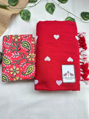 candy red cotton embroidered handloom saree with red floral printed blouse - Cotton Dori