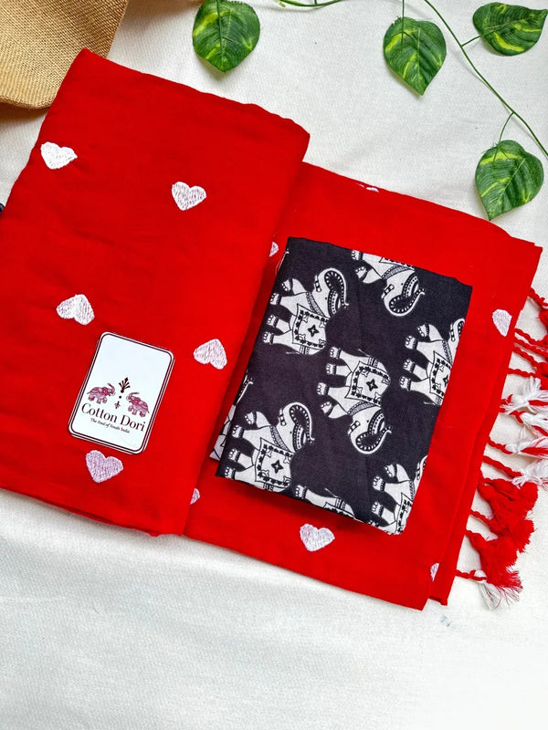 Rose red cotton handloom saree with black elephant printed blouse - Cotton Dori