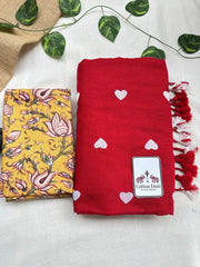 sunset red cotton handloom saree with beautiful printed blouse - Cotton Dori