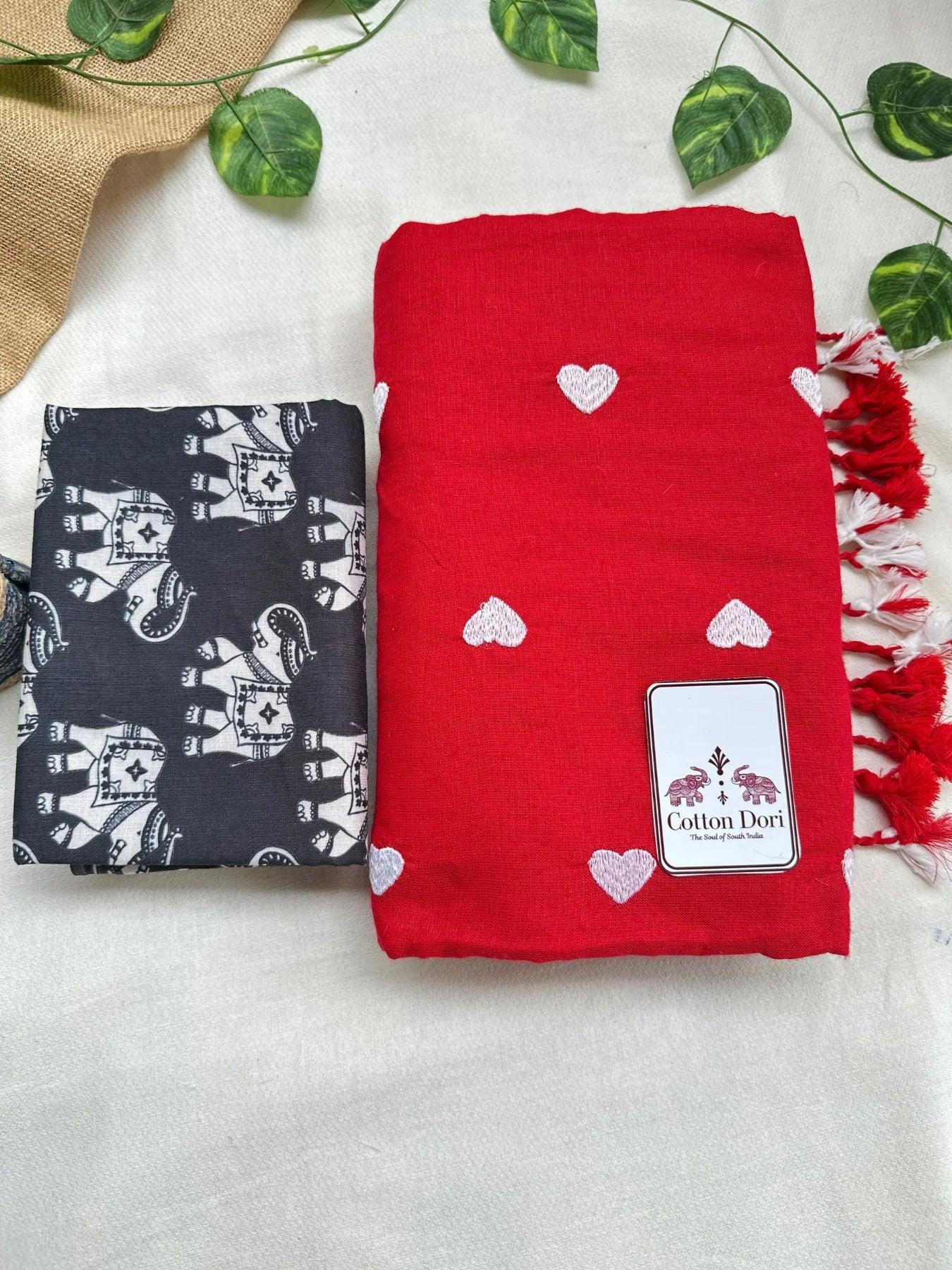 Rose red cotton handloom saree with black elephant printed blouse - Cotton Dori
