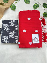 Rose red cotton handloom saree with black elephant printed blouse - Cotton Dori