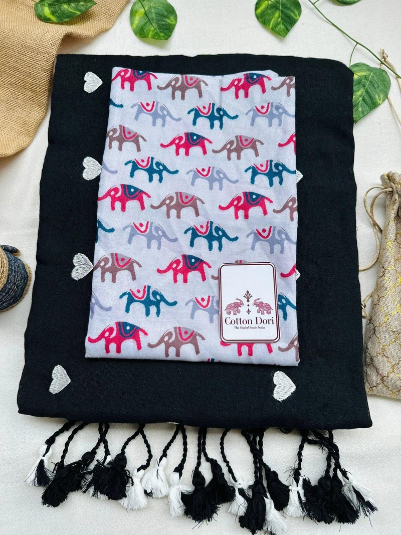 Oil black cotton handloom saree with elephant printed blouse - Cotton Dori