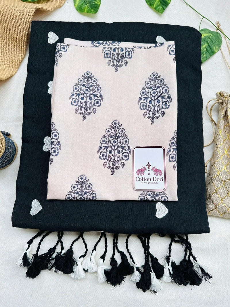 Royal black cotton handloom saree with light grey printed blouse - Cotton Dori
