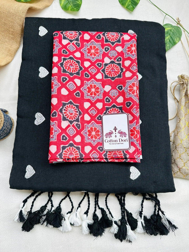Rich black embroidered cotton handloom saree with red printed blouse - Cotton Dori