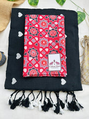 Rich black embroidered cotton handloom saree with red printed blouse - Cotton Dori