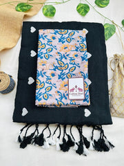 True black cotton handloom saree with grey flower printed blouse - Cotton Dori