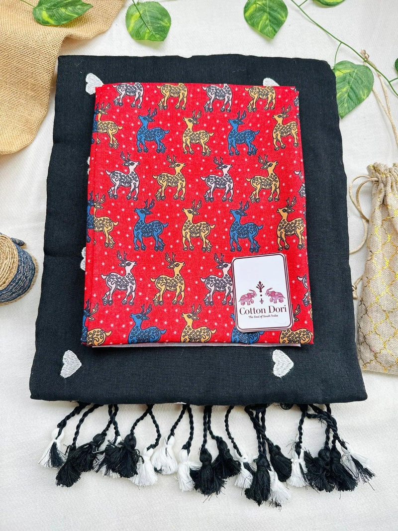 Night black cotton handloom saree with kalamkari printed blouse - Cotton Dori