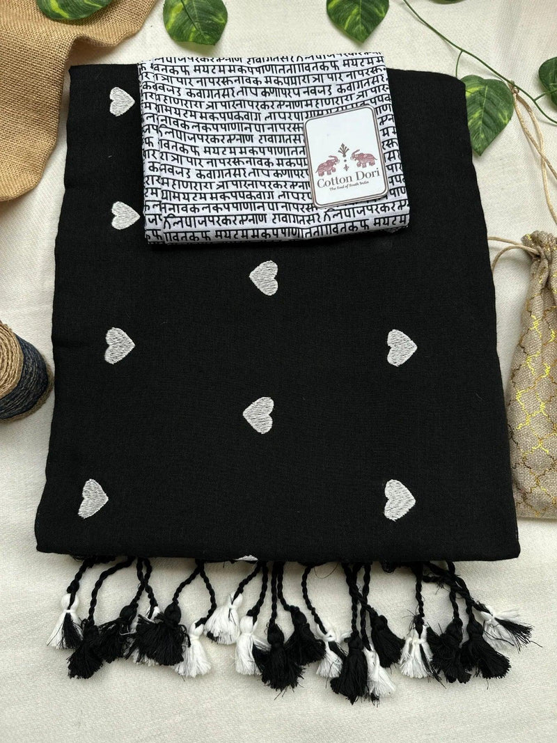 void black cotton handloom saree with white printed blouse - Cotton Dori