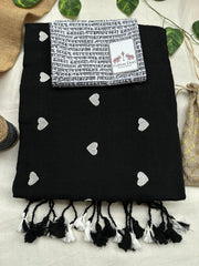 void black cotton handloom saree with white printed blouse - Cotton Dori
