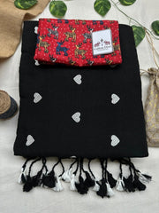 Night black cotton handloom saree with kalamkari printed blouse - Cotton Dori