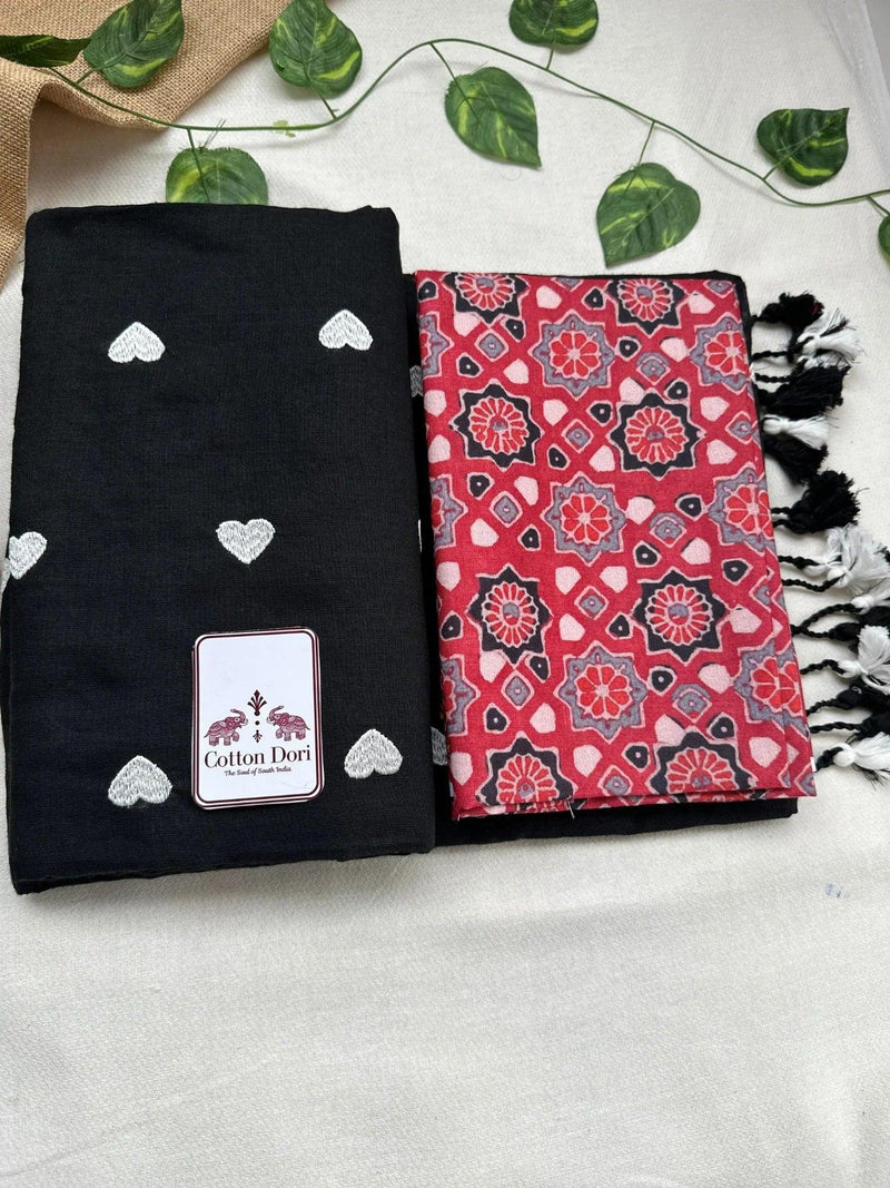 Rich black embroidered cotton handloom saree with red printed blouse - Cotton Dori