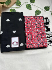 Rich black embroidered cotton handloom saree with red printed blouse - Cotton Dori