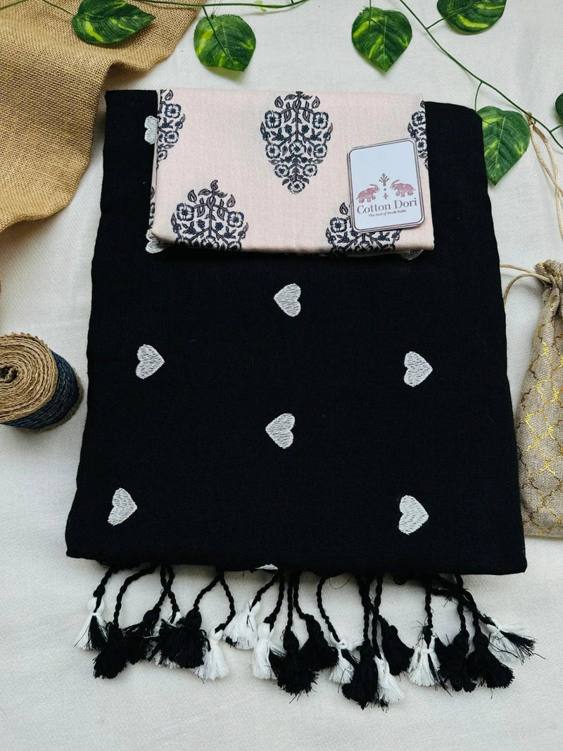 Royal black cotton handloom saree with light grey printed blouse - Cotton Dori