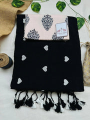 Royal black cotton handloom saree with light grey printed blouse - Cotton Dori