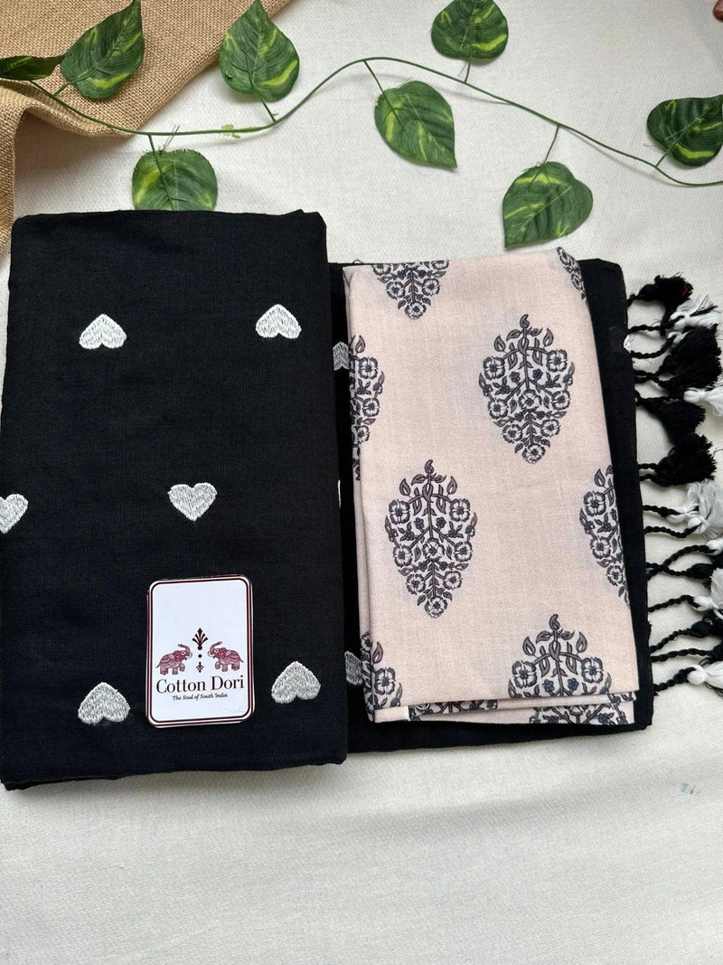 Royal black cotton handloom saree with light grey printed blouse - Cotton Dori