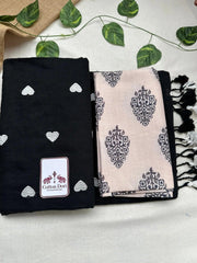 Royal black cotton handloom saree with light grey printed blouse - Cotton Dori