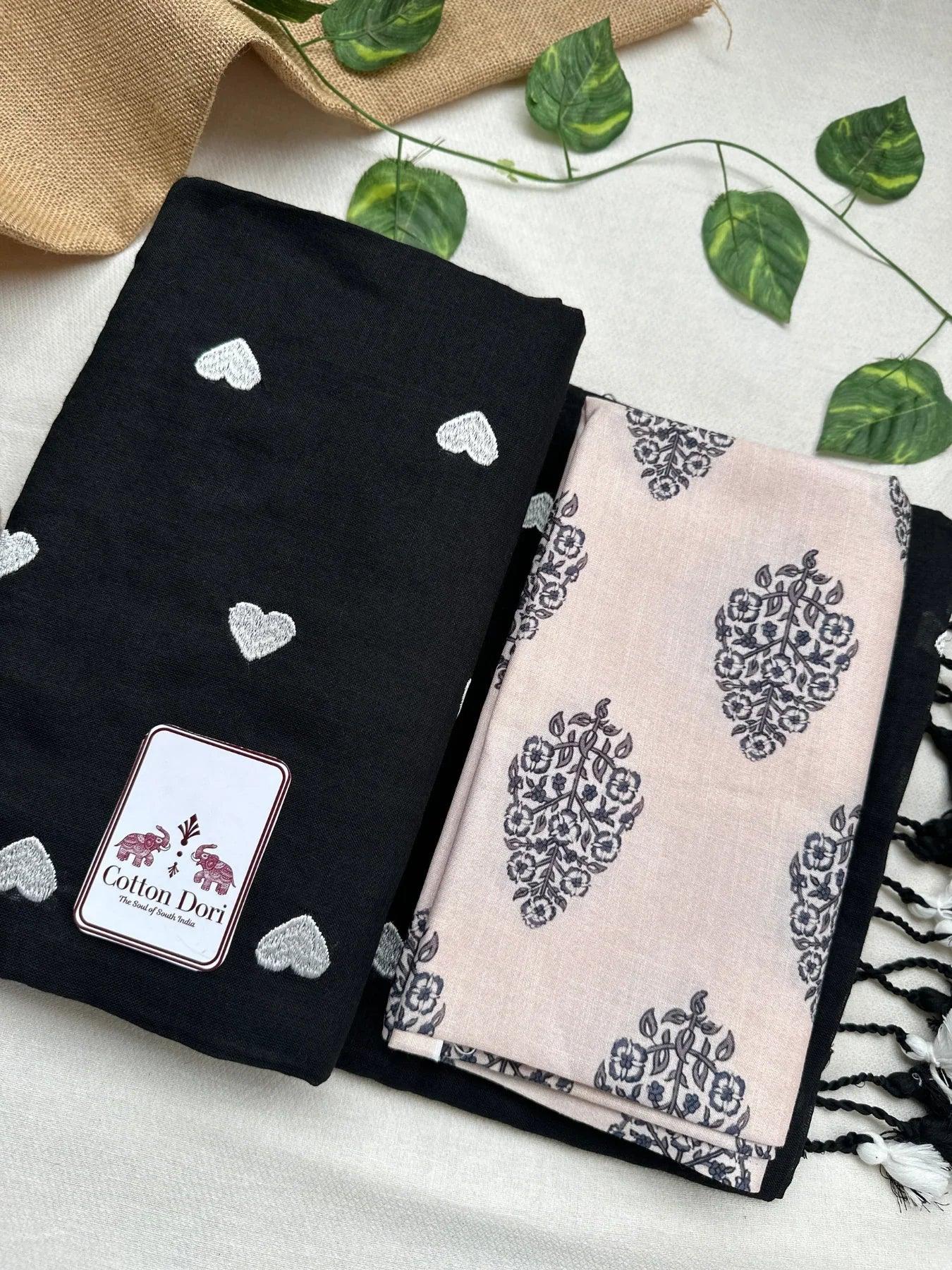 Royal black cotton handloom saree with light grey printed blouse - Cotton Dori