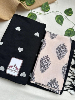 Royal black cotton handloom saree with light grey printed blouse - Cotton Dori