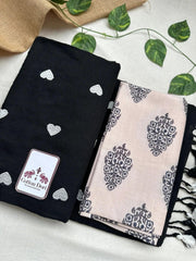 Royal black cotton handloom saree with light grey printed blouse - Cotton Dori
