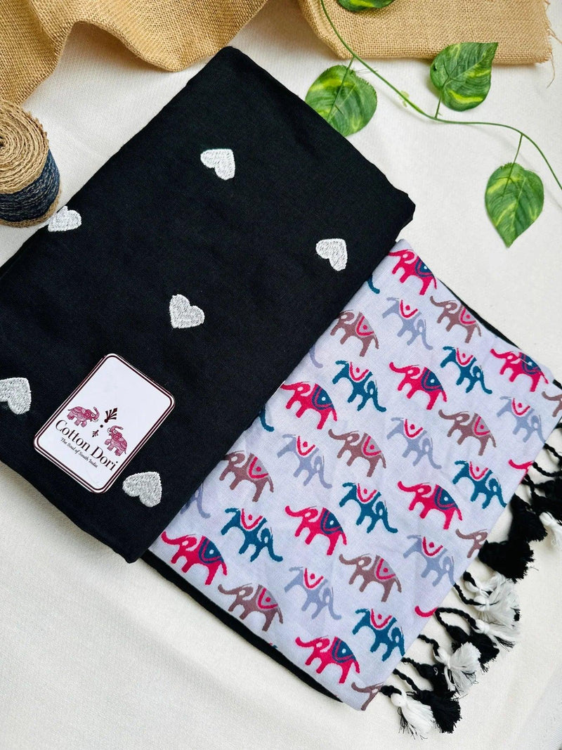 Oil black cotton handloom saree with elephant printed blouse - Cotton Dori