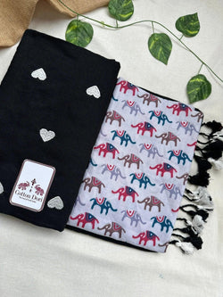 Oil black cotton handloom saree with elephant printed blouse - Cotton Dori