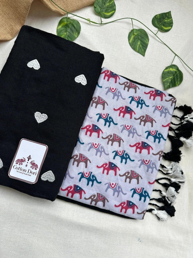 Oil black cotton handloom saree with elephant printed blouse - Cotton Dori