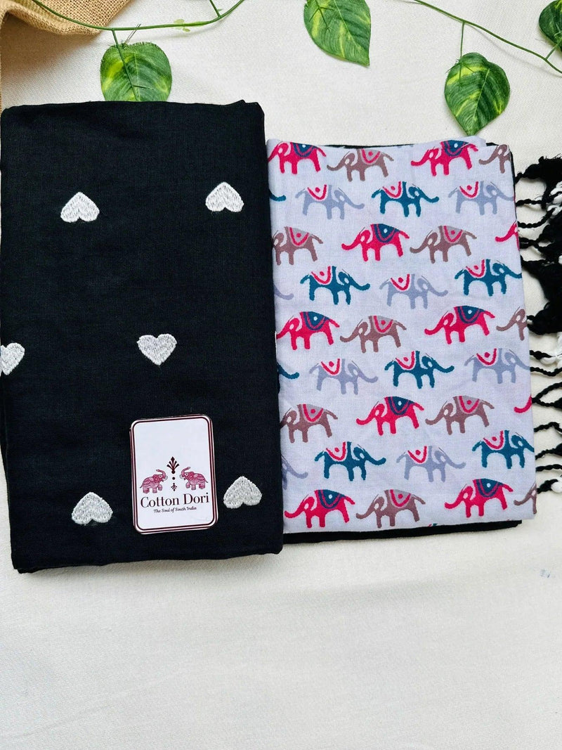 Oil black cotton handloom saree with elephant printed blouse - Cotton Dori