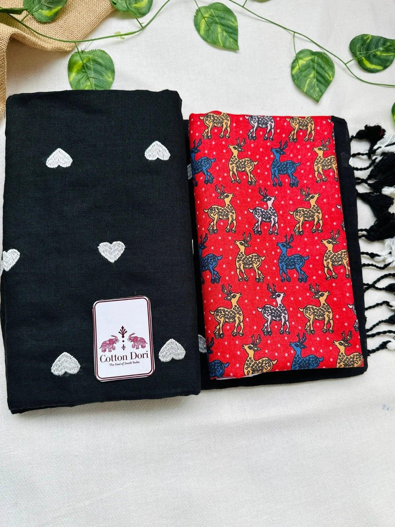 Night black cotton handloom saree with kalamkari printed blouse - Cotton Dori