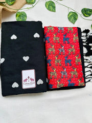 Night black cotton handloom saree with kalamkari printed blouse - Cotton Dori