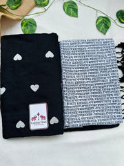 void black cotton handloom saree with white printed blouse - Cotton Dori