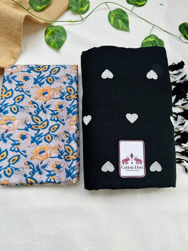 True black cotton handloom saree with grey flower printed blouse