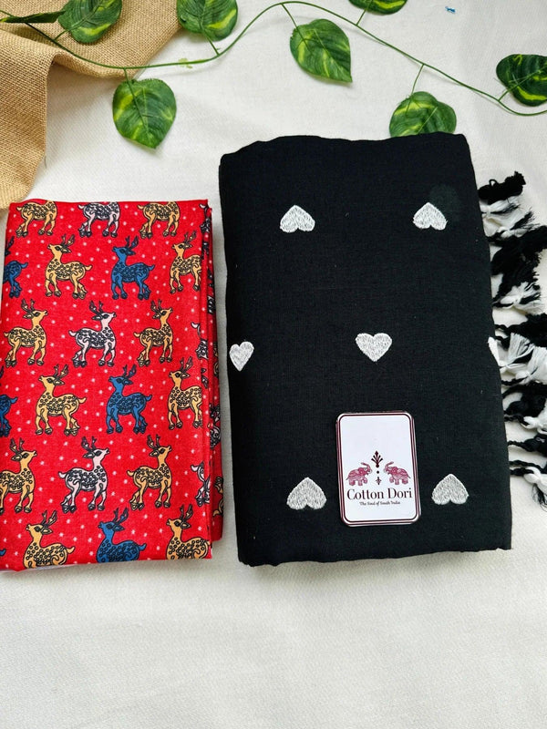 Night black cotton handloom saree with kalamkari printed blouse - Cotton Dori