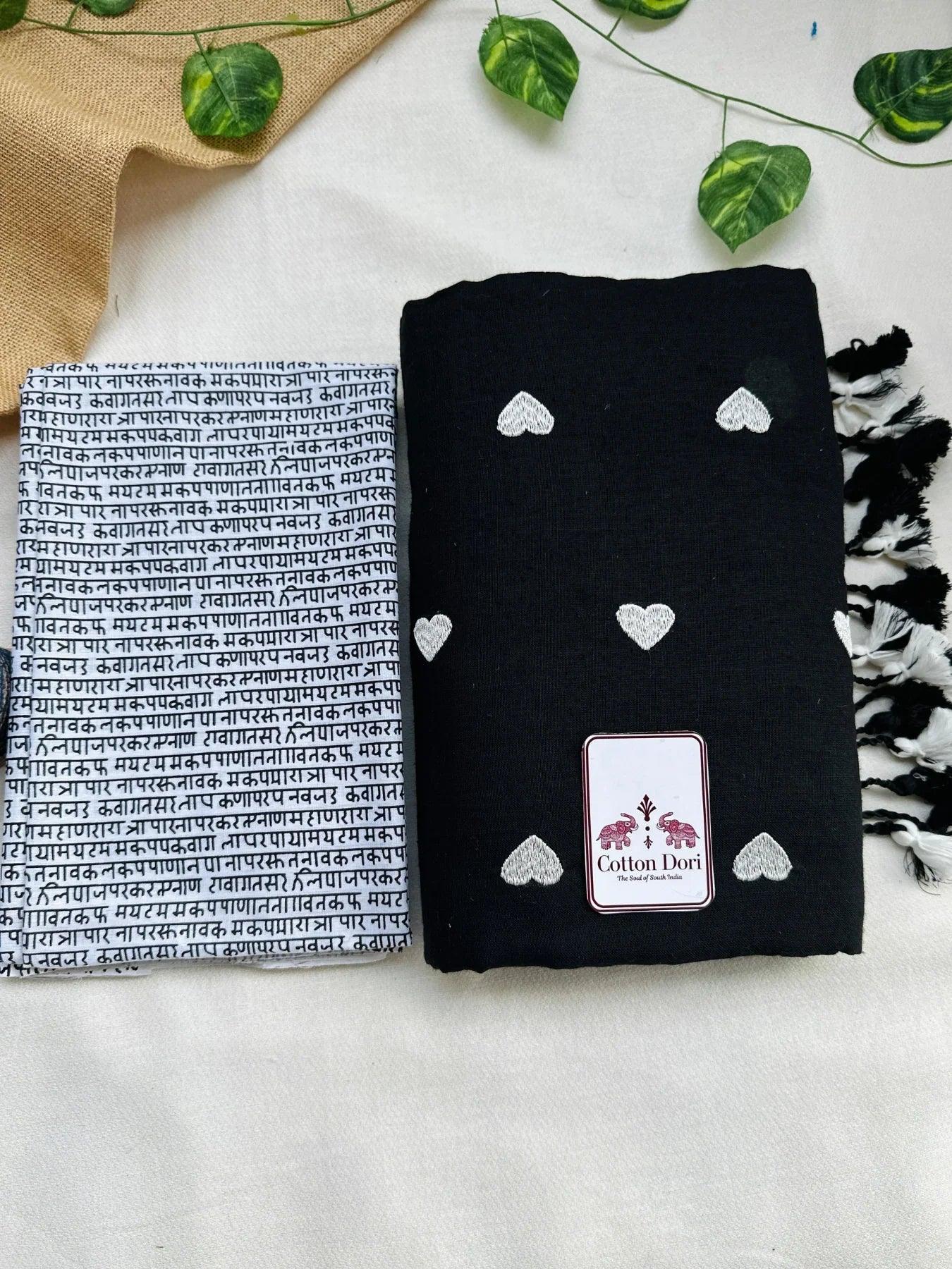 void black cotton handloom saree with white printed blouse - Cotton Dori