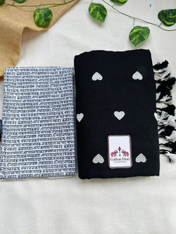 void black cotton handloom saree with white printed blouse - Cotton Dori