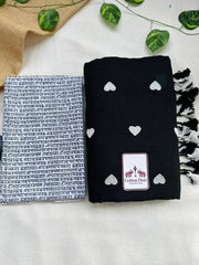 void black cotton handloom saree with white printed blouse - Cotton Dori