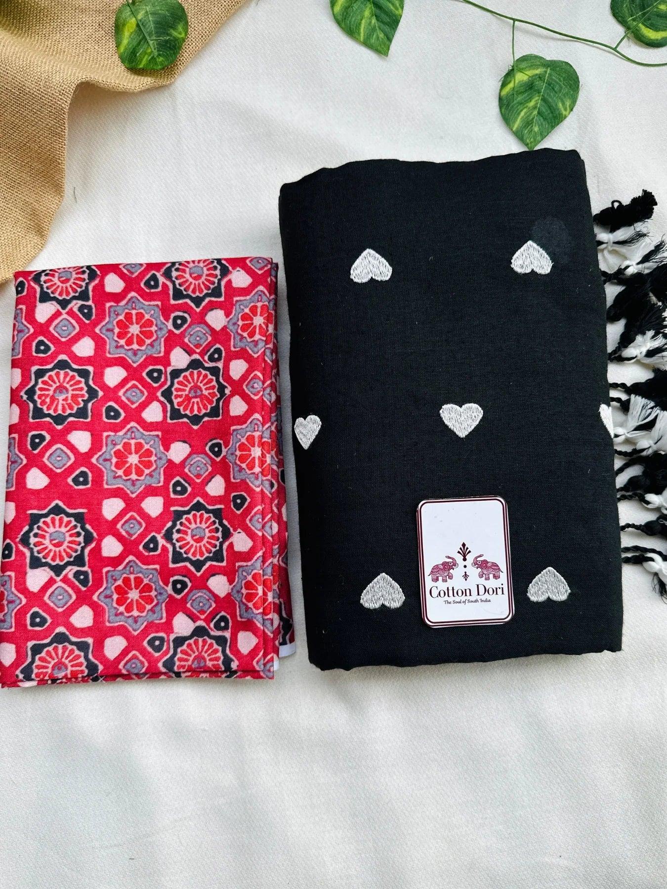 Rich black embroidered cotton handloom saree with red printed blouse - Cotton Dori