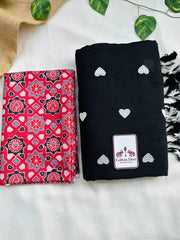 Rich black embroidered cotton handloom saree with red printed blouse - Cotton Dori