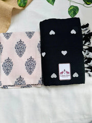 Royal black cotton handloom saree with light grey printed blouse - Cotton Dori