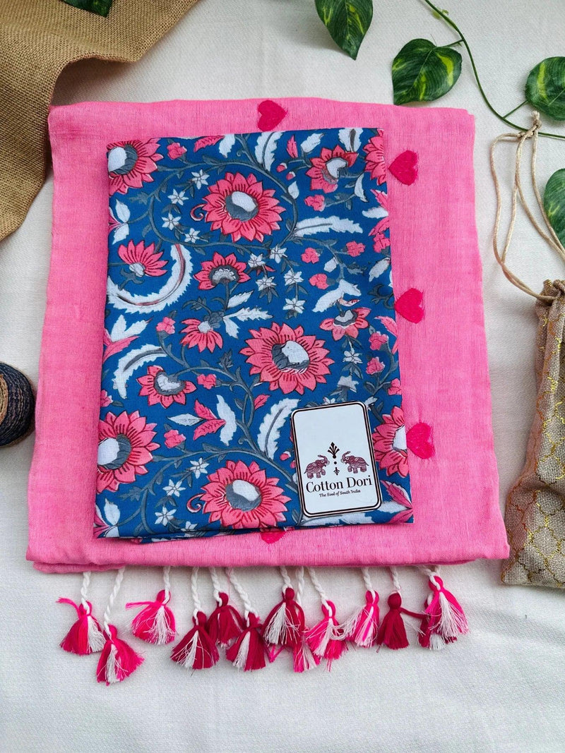Soft pink cotton handloom saree with flower printed blouse - Cotton Dori